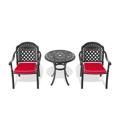 3-Piece Set Of Cast Aluminum Patio Furniture  With Black Frame and Red Seat Cushions