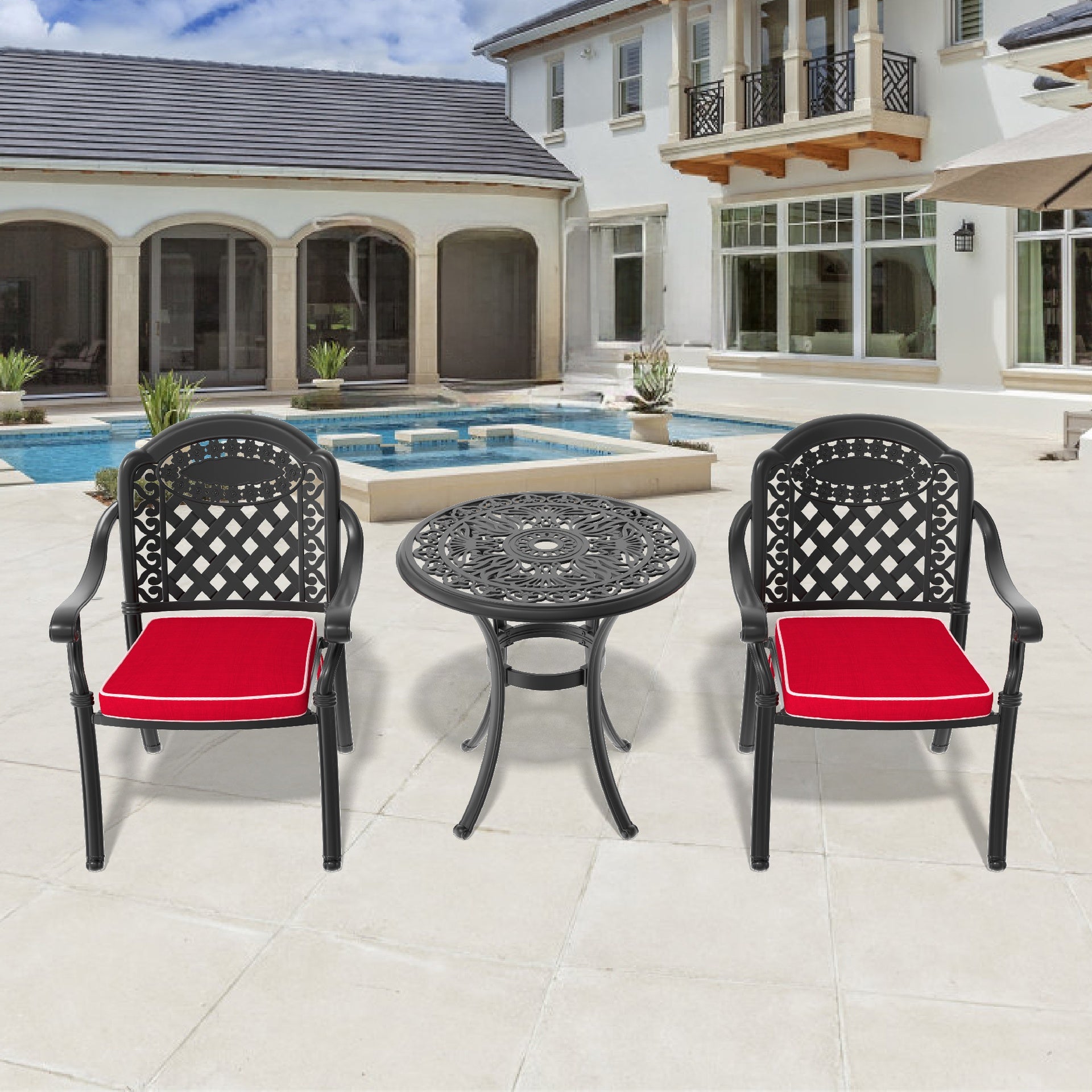 3-Piece Set Of Cast Aluminum Patio Furniture  With Black Frame and Red Seat Cushions