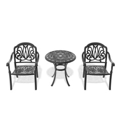 3-Piece Set Of Cast Aluminum Patio Furniture  With Black Frame and Brown Seat Cushions