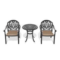 3-Piece Set Of Cast Aluminum Patio Furniture  With Black Frame and Brown Seat Cushions
