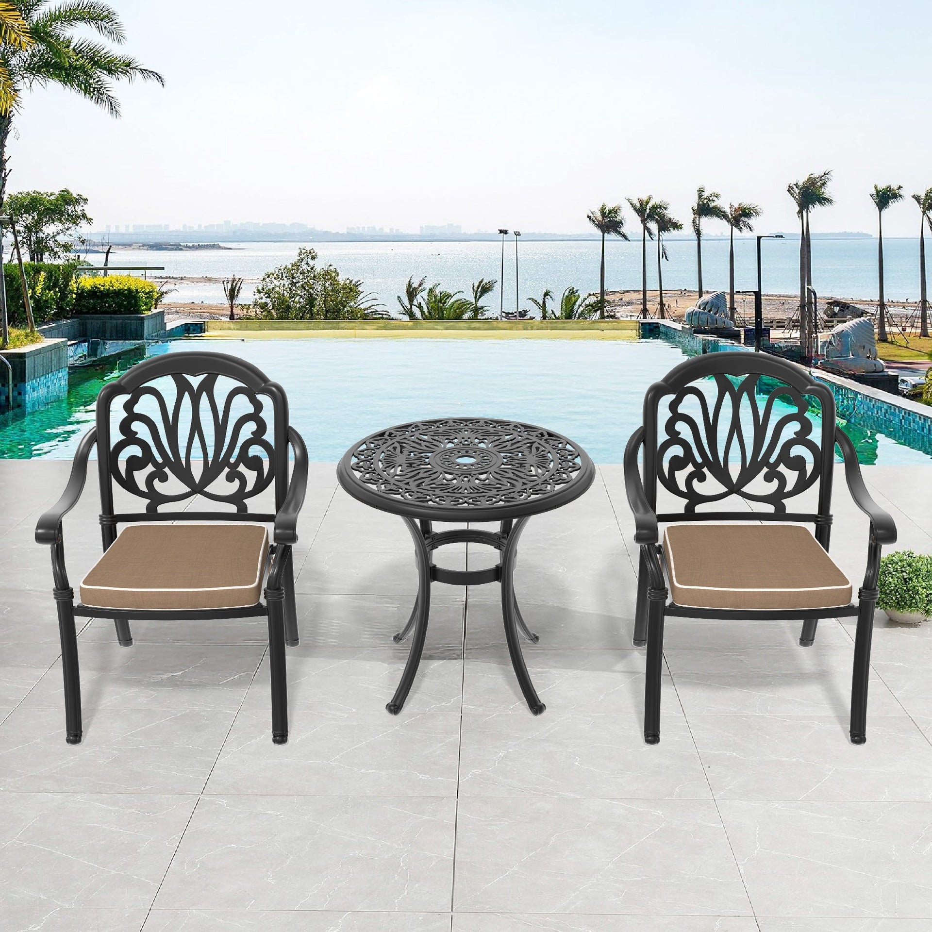 3-Piece Set Of Cast Aluminum Patio Furniture  With Black Frame and Brown Seat Cushions