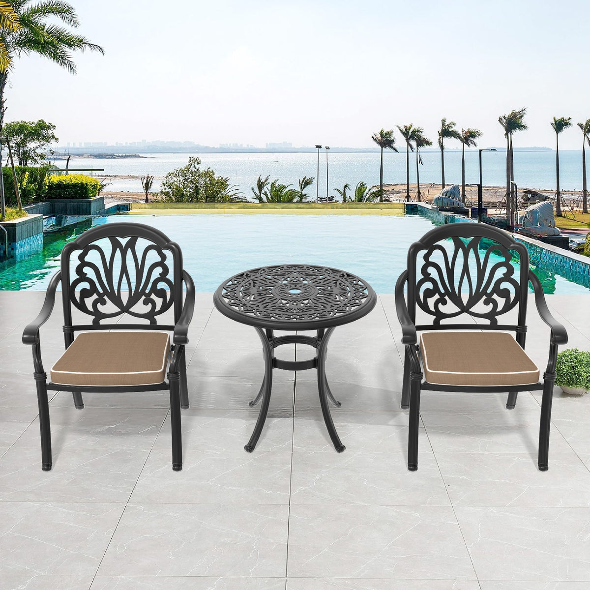 3-Piece Set Of Cast Aluminum Patio Furniture  With Black Frame and Brown Seat Cushions