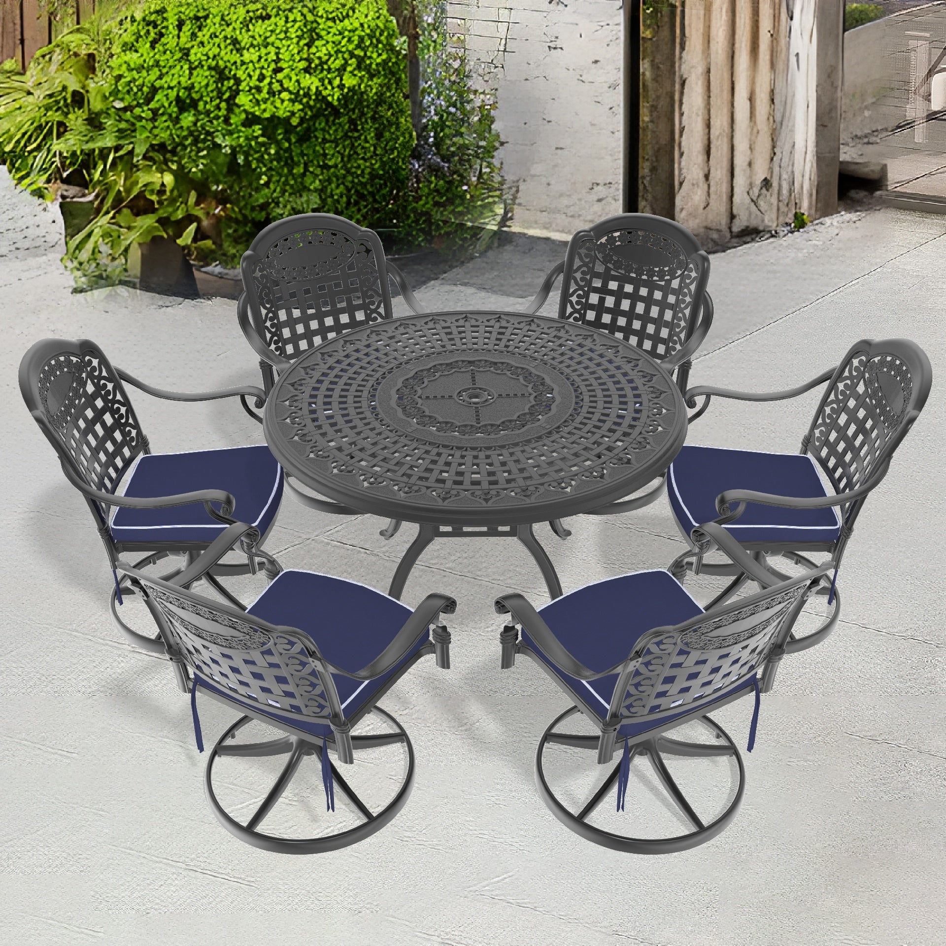 7-Piece All-Weather Cast Aluminum Dining Set, Include 6 Swivel Chairs and 47.24" Round Table With Black Frame (same sku:W1710S00450)
