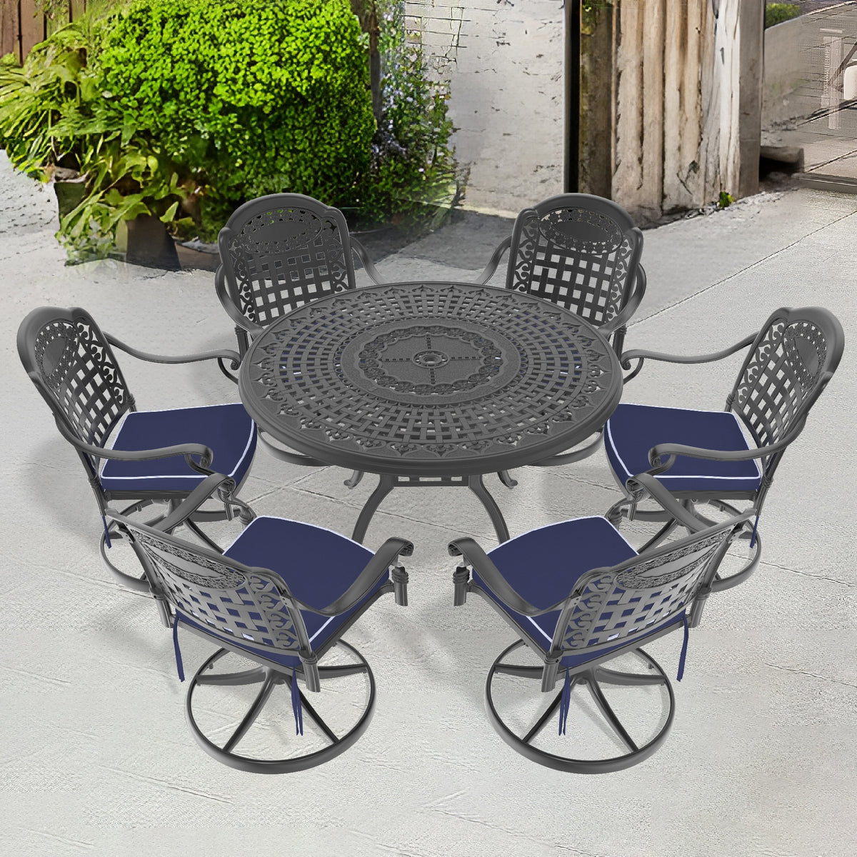 7-Piece All-Weather Cast Aluminum Dining Set, Include 6 Swivel Chairs and 47.24" Round Table With Black Frame (same sku:W1710S00450)