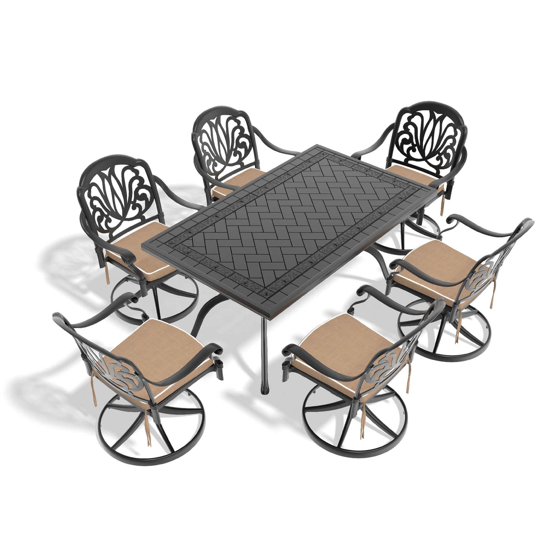 7-Piece All-Weather Cast Aluminum Dining Set, Include 6 Swivel Chairs and Rectangular Table With Black Frame(same sku:W1710S00457)