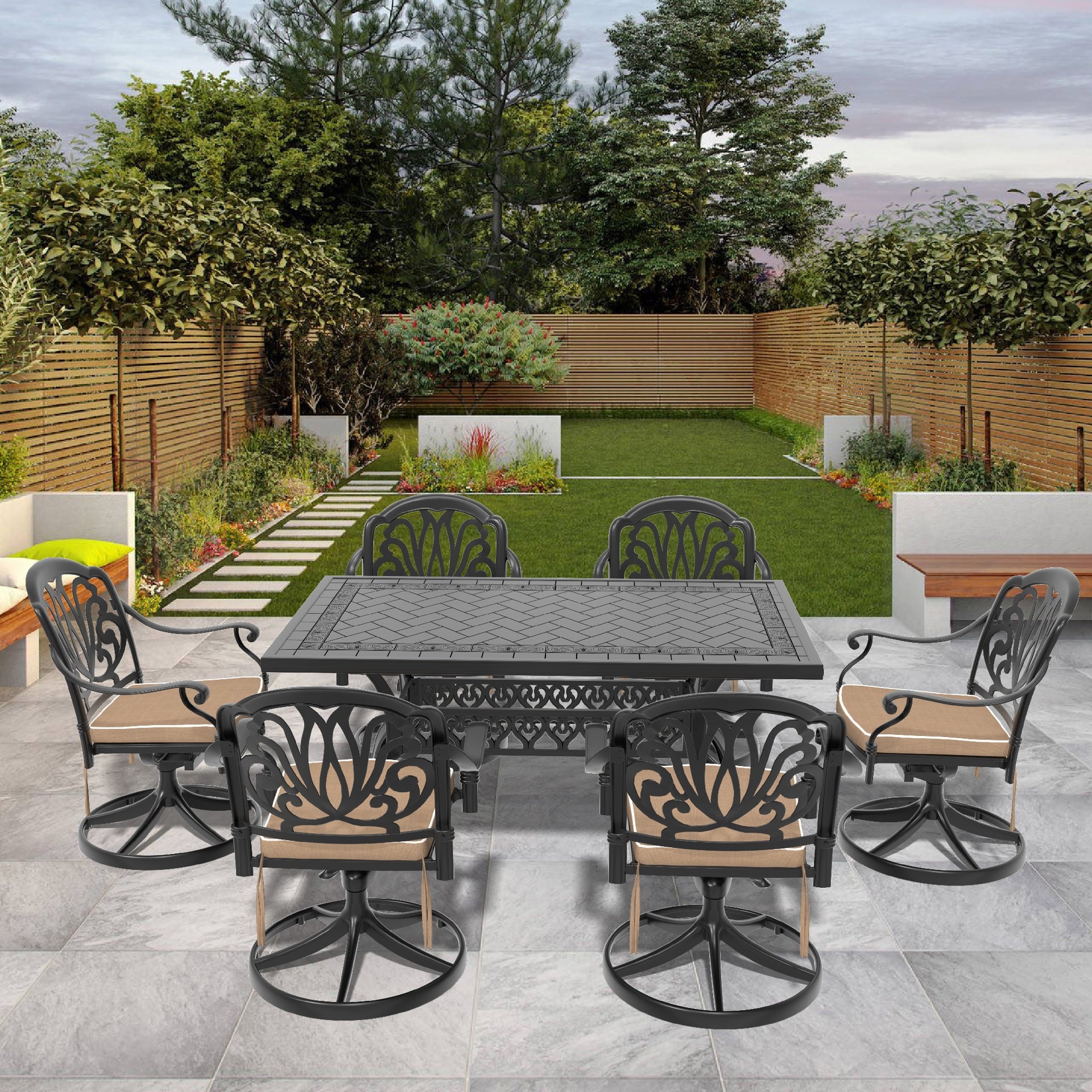 7-Piece All-Weather Cast Aluminum Dining Set, Include 6 Swivel Chairs and Rectangular Table With Black Frame(same sku:W1710S00457)