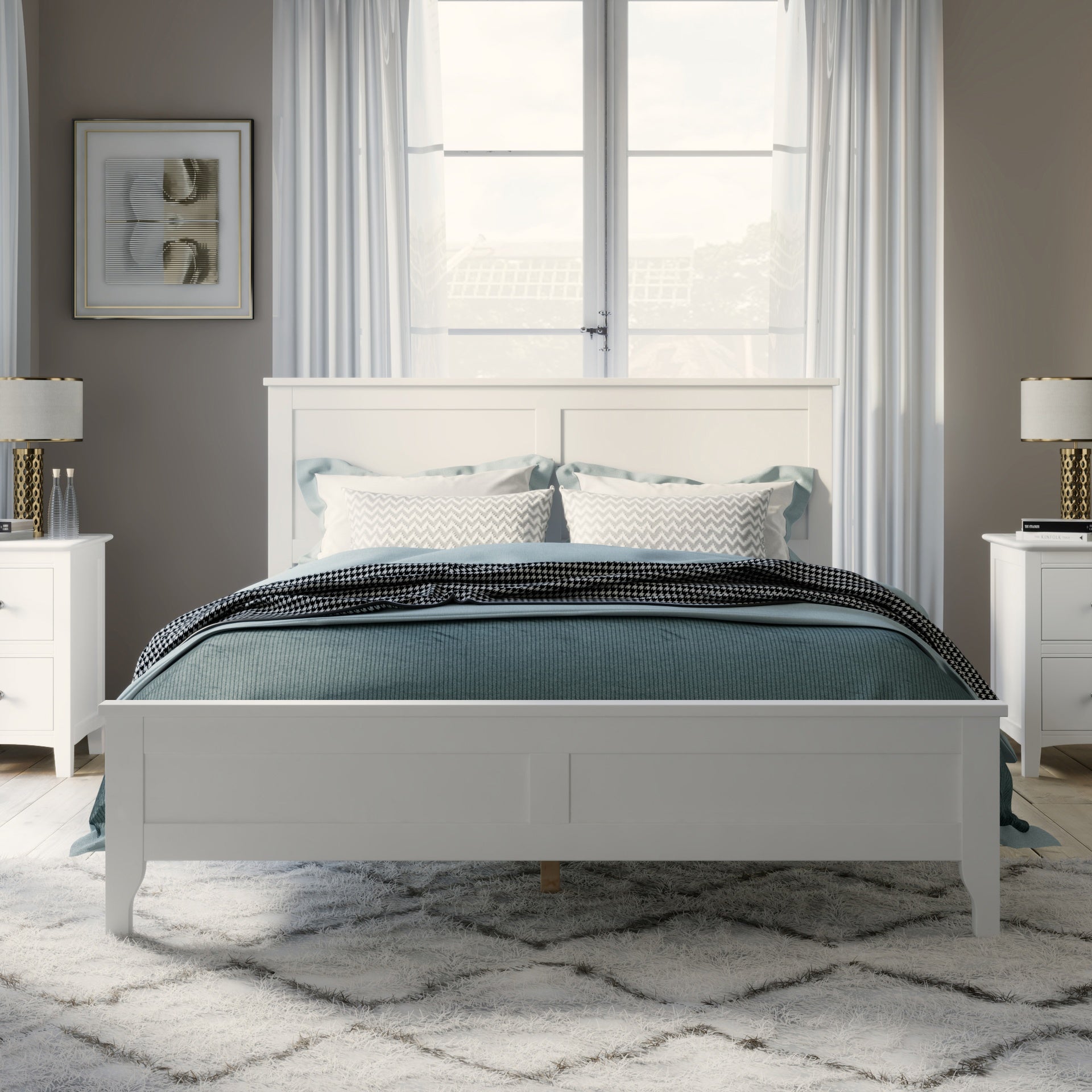Modern Solid Wood King Size Platform Bed with Sturdy Wooden Slats Support,No Box Spring Needed, White(Old SKU:N701P300990K)