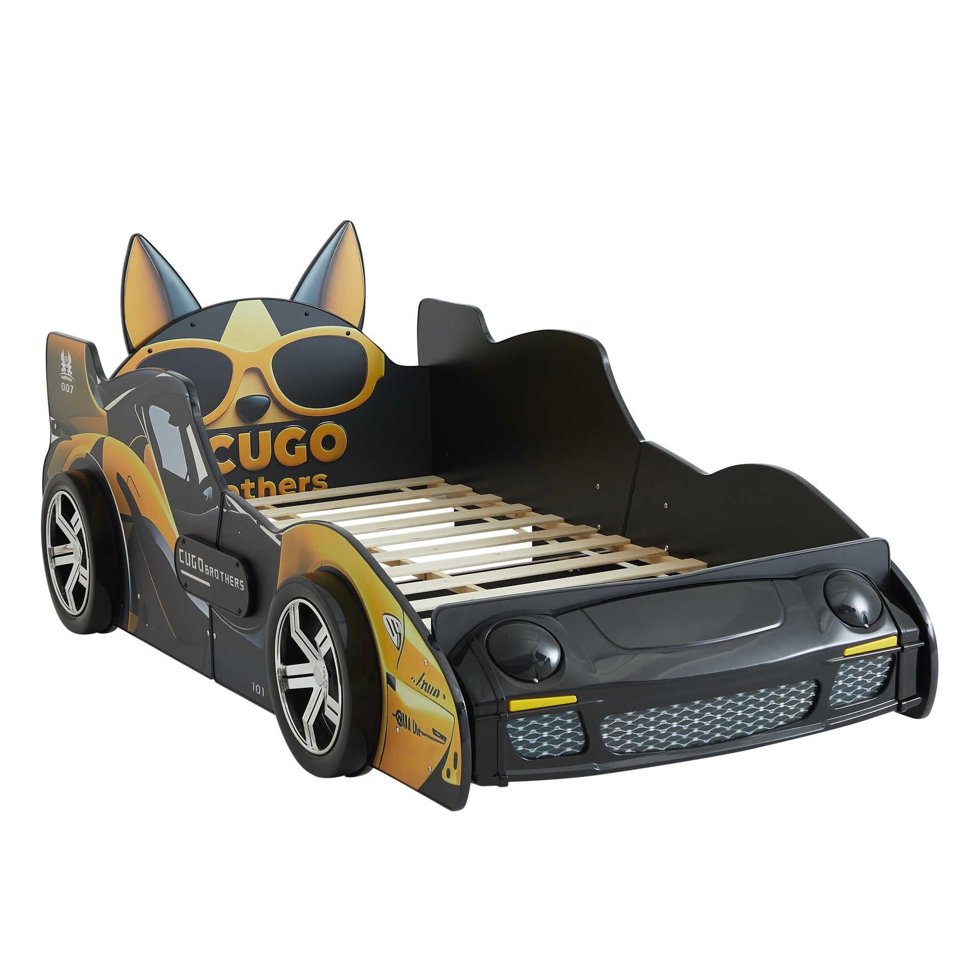 Cool Cartoon Car Bed - Black and Yellow Kids' Racing Bed with Stylish Dog Design