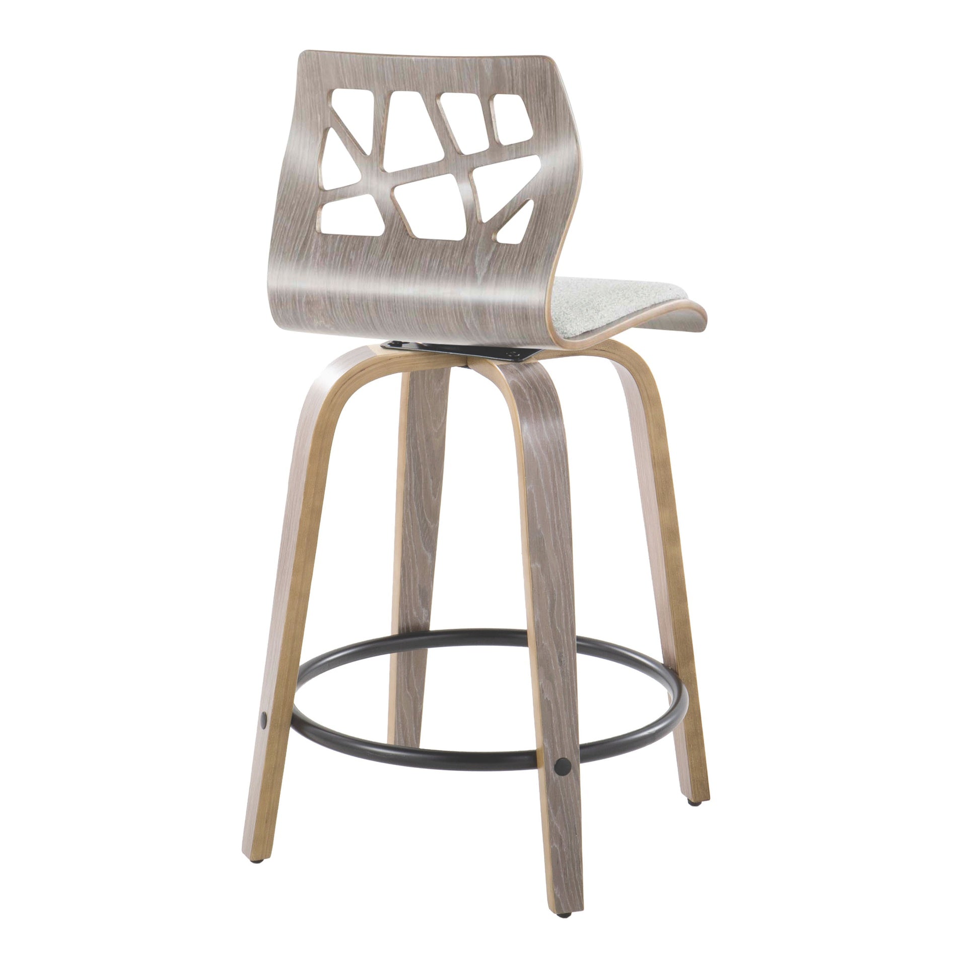 Folia 24" Contemporary Fixed-Height Counter Stool with Swivel in Light Grey Wood and Light Grey Fabric with Round Black Metal Footrest by LumiSource - Set of 2