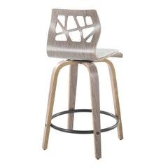 Folia 24" Contemporary Fixed-Height Counter Stool with Swivel in Light Grey Wood and Light Grey Fabric with Round Black Metal Footrest by LumiSource - Set of 2