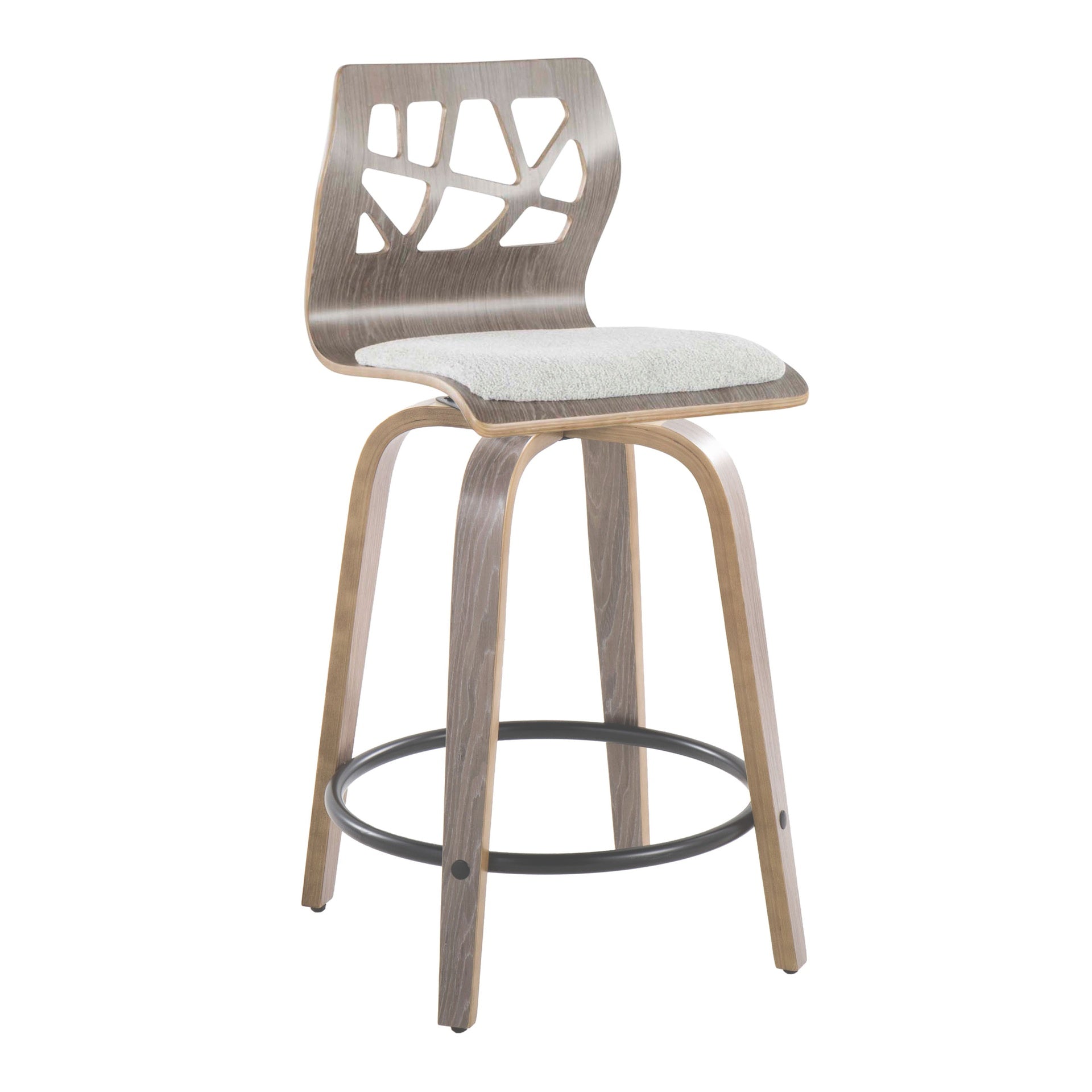 Folia 24" Contemporary Fixed-Height Counter Stool with Swivel in Light Grey Wood and Light Grey Fabric with Round Black Metal Footrest by LumiSource - Set of 2