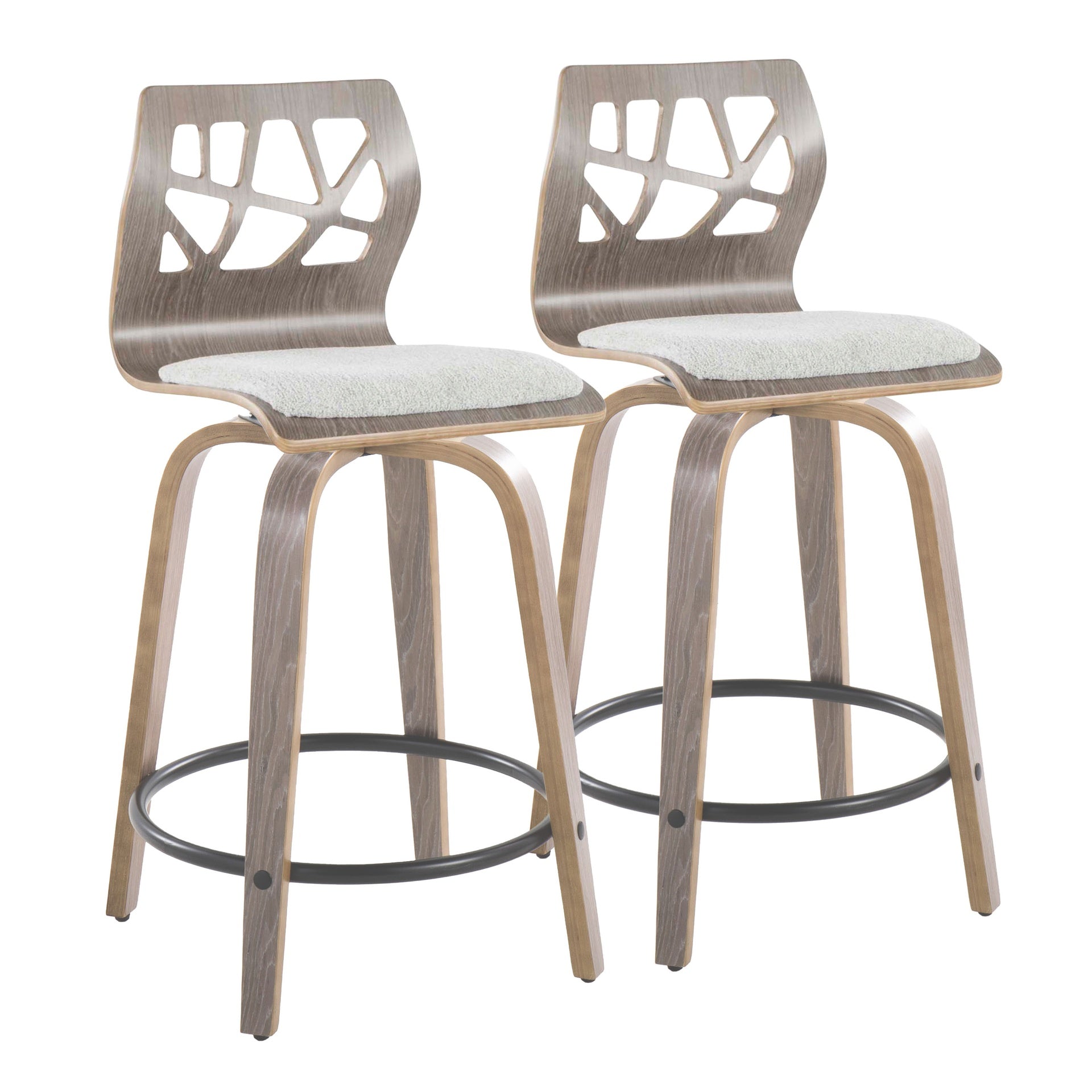 Folia 24" Contemporary Fixed-Height Counter Stool with Swivel in Light Grey Wood and Light Grey Fabric with Round Black Metal Footrest by LumiSource - Set of 2