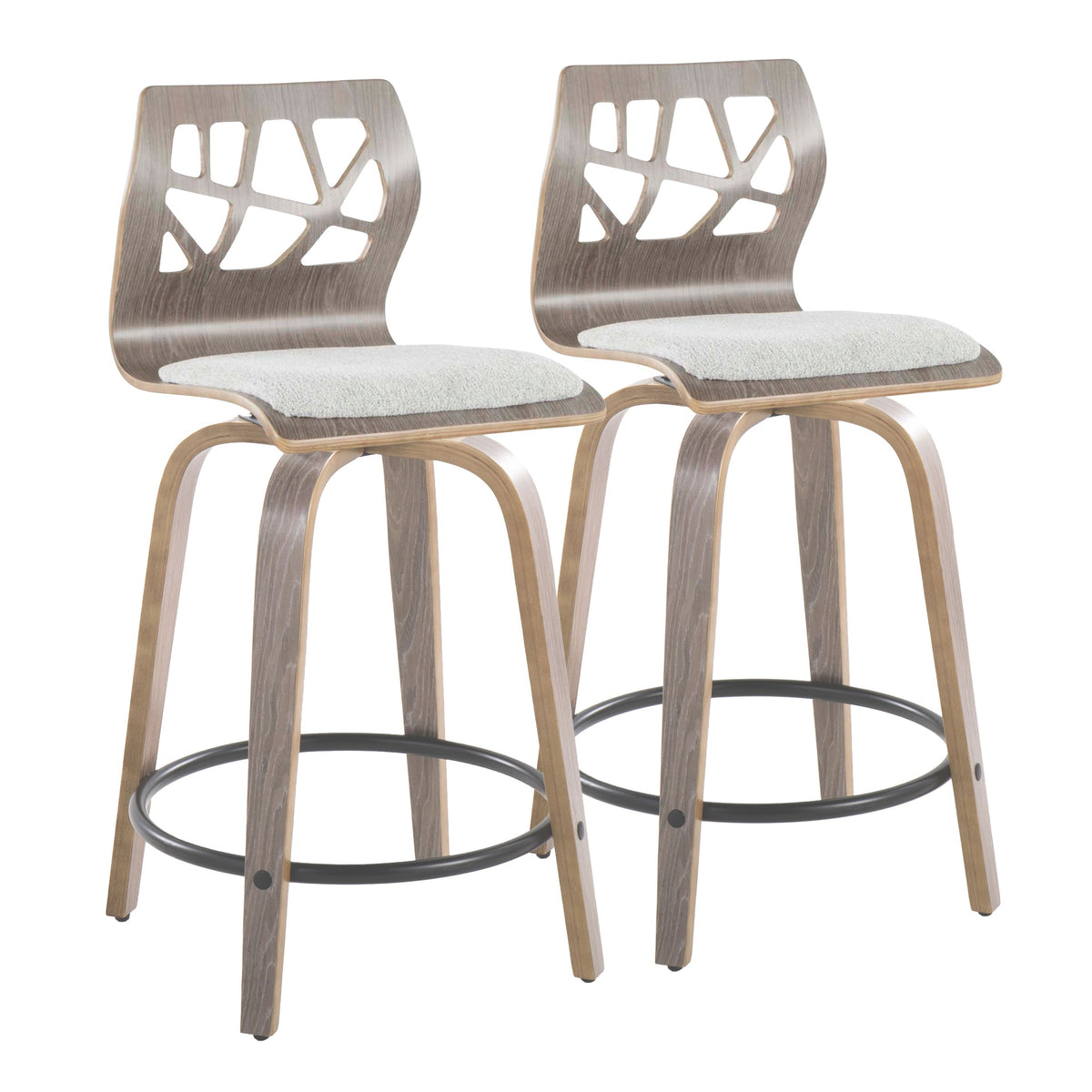 Folia 24" Contemporary Fixed-Height Counter Stool with Swivel in Light Grey Wood and Light Grey Fabric with Round Black Metal Footrest by LumiSource - Set of 2