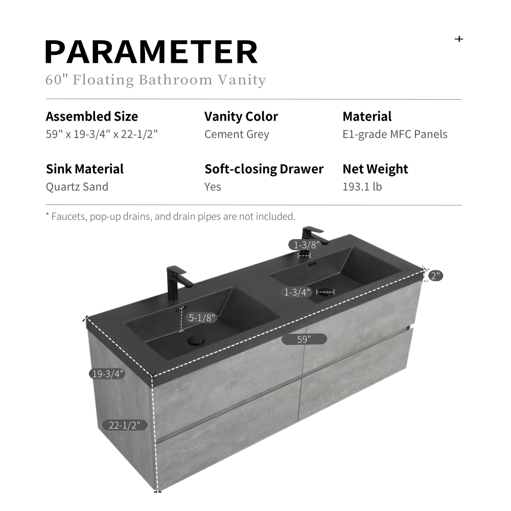 60" Floating Vanity with Sink, Wall-Mounted Storage Cabinet, Double Black Quartz Sand Basins Four Soft-Close Drawers Fully Assembled, EDI-Series, Cement Grey 24V12-60GR-W1920P385533