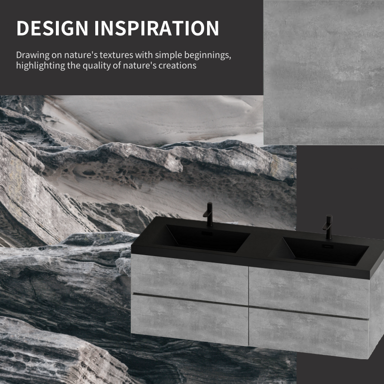 60" Floating Vanity with Sink, Wall-Mounted Storage Cabinet, Double Black Quartz Sand Basins Four Soft-Close Drawers Fully Assembled, EDI-Series, Cement Grey 24V12-60GR-W1920P385533