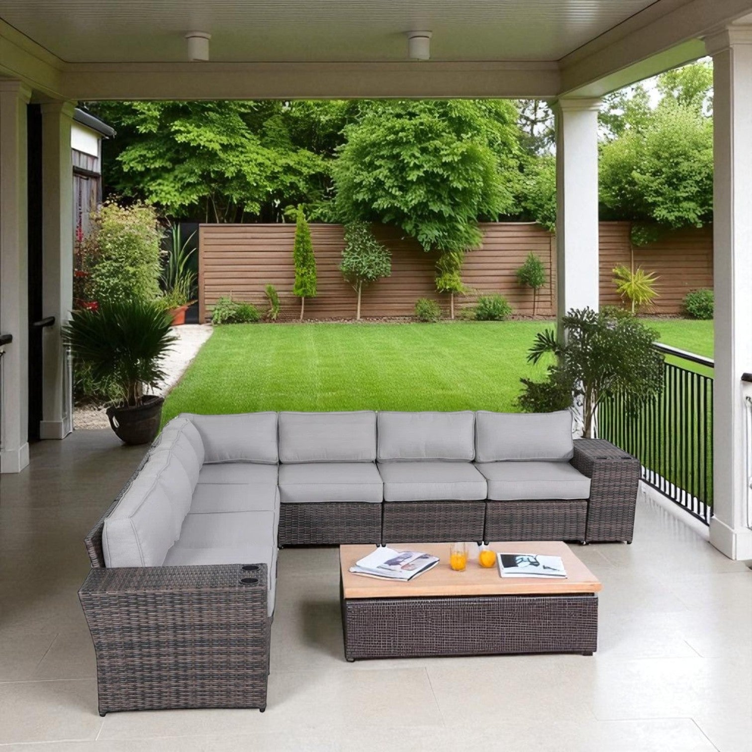 Outdoor 9-Piece Rattan Sectional Sofa Set with Cushions – Ready to Use