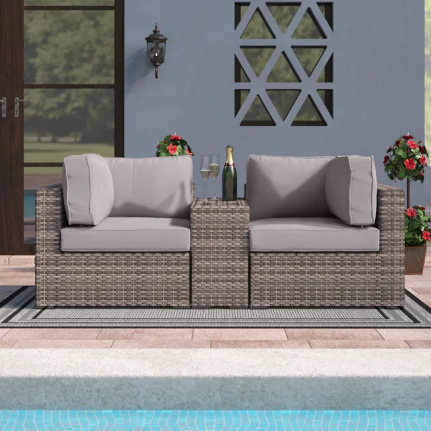 Fully Assembled 2-Person Rattan Wicker Outdoor Seating Group with  Cushions