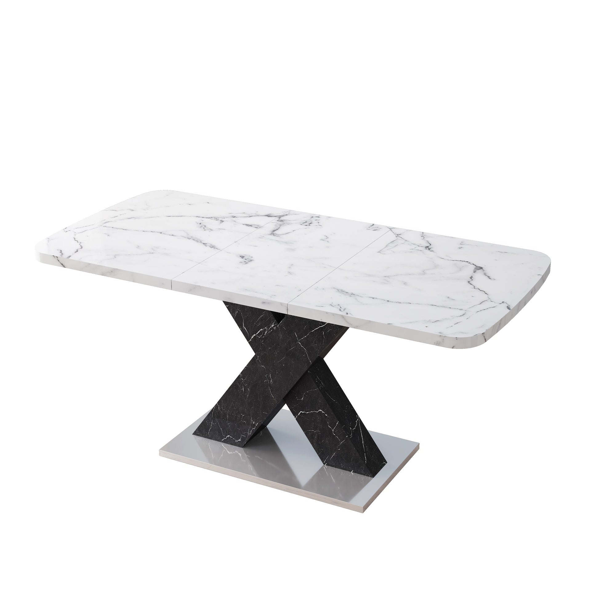 Modern Rectangle Dining Table, Stretchable, Printed White Marble Table Top+MDF Black X-Shape Table Leg with Metal Base (Same SKU:W757S00049)