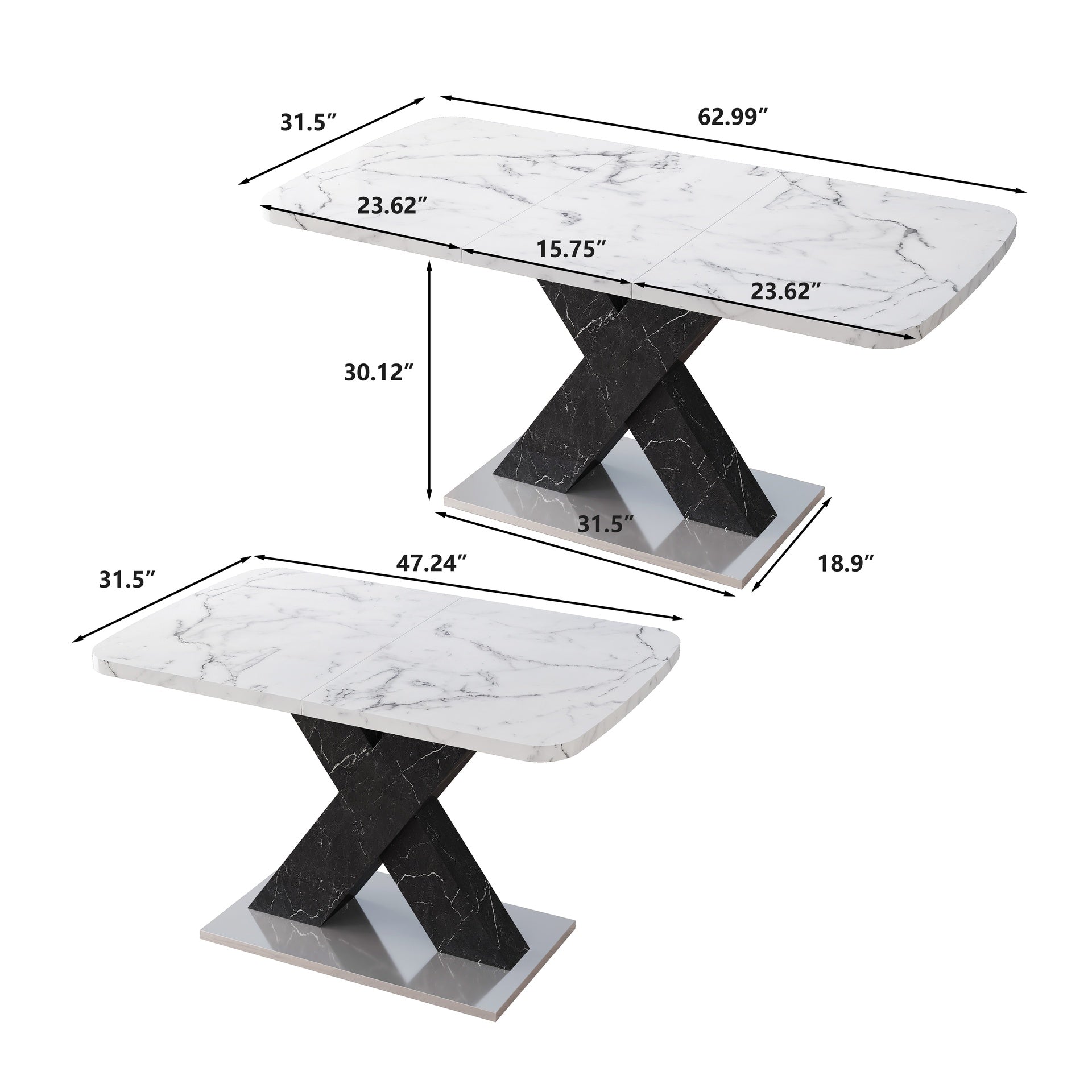 Modern Rectangle Dining Table, Stretchable, Printed White Marble Table Top+MDF Black X-Shape Table Leg with Metal Base (Same SKU:W757S00049)