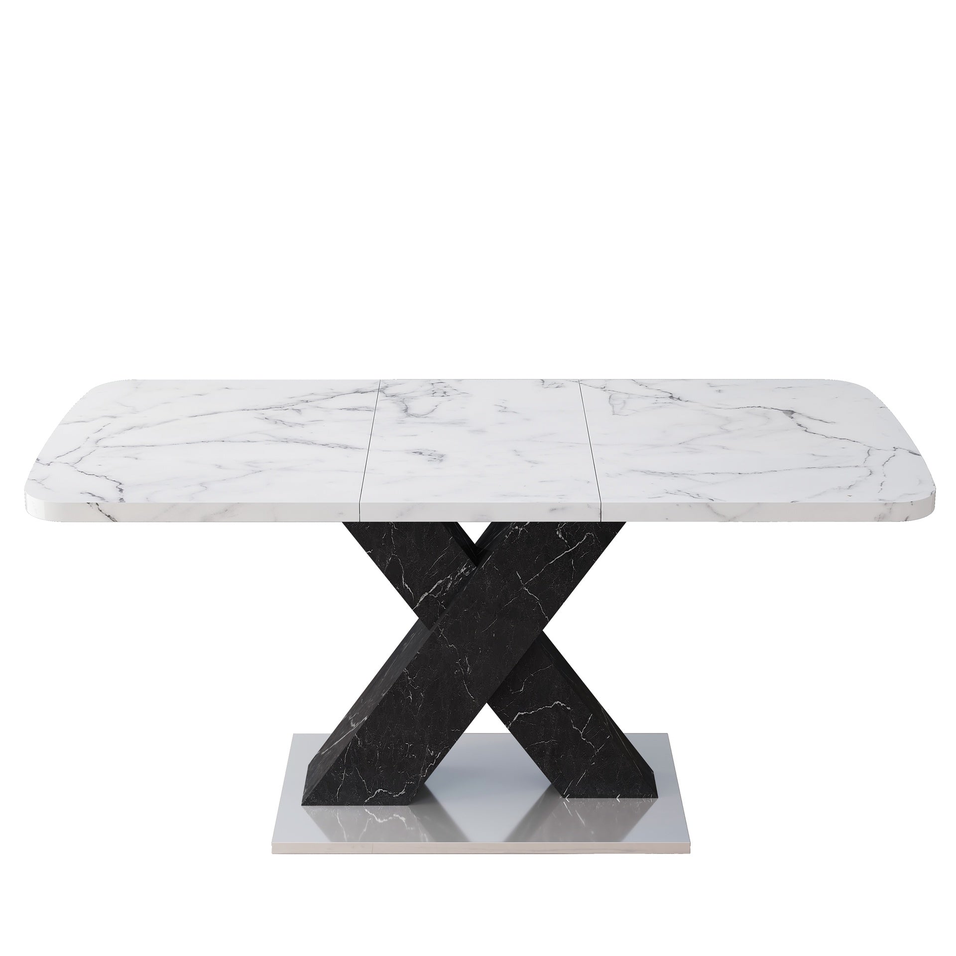 Modern Rectangle Dining Table, Stretchable, Printed White Marble Table Top+MDF Black X-Shape Table Leg with Metal Base (Same SKU:W757S00049)