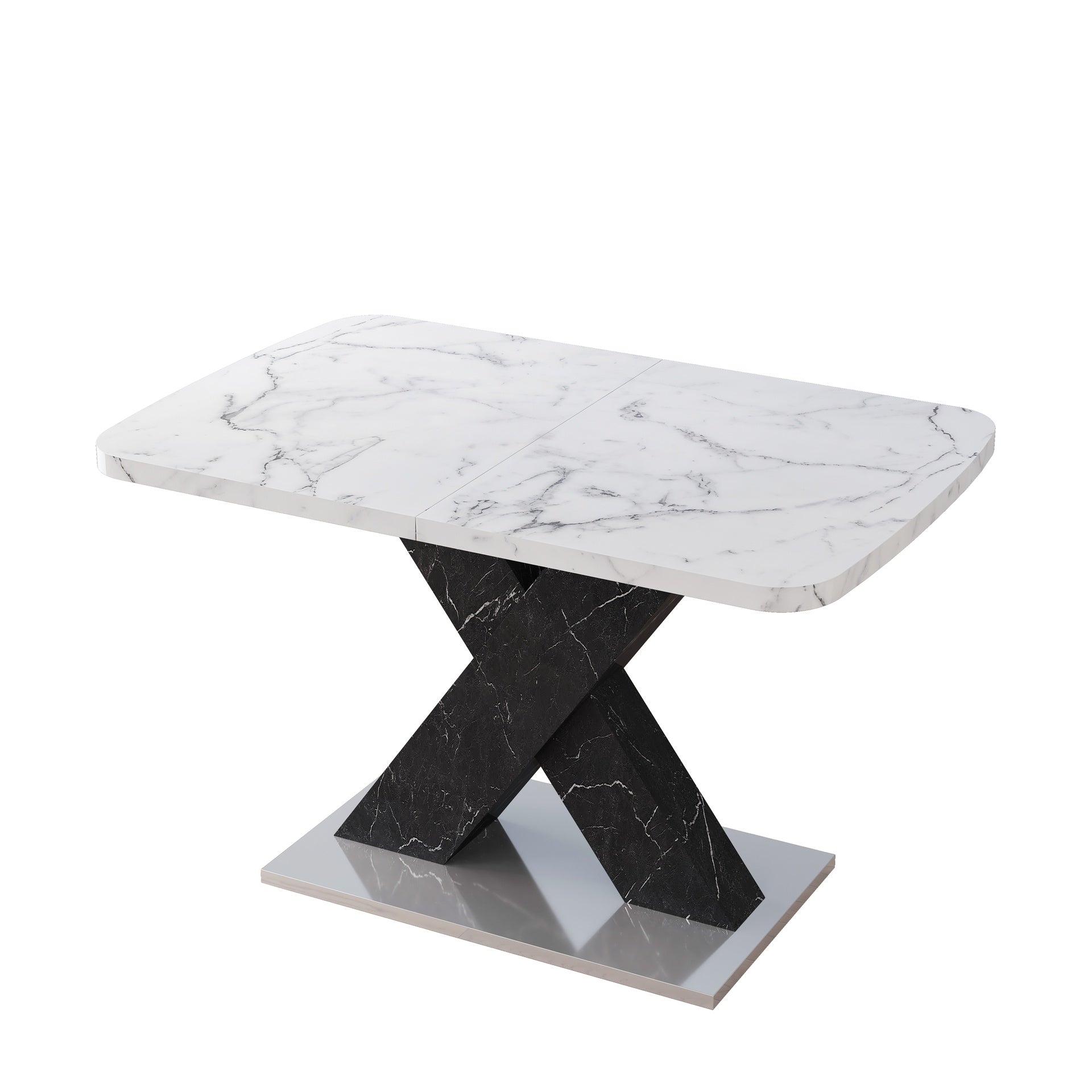 Modern Rectangle Dining Table, Stretchable, Printed White Marble Table Top+MDF Black X-Shape Table Leg with Metal Base (Same SKU:W757S00049)
