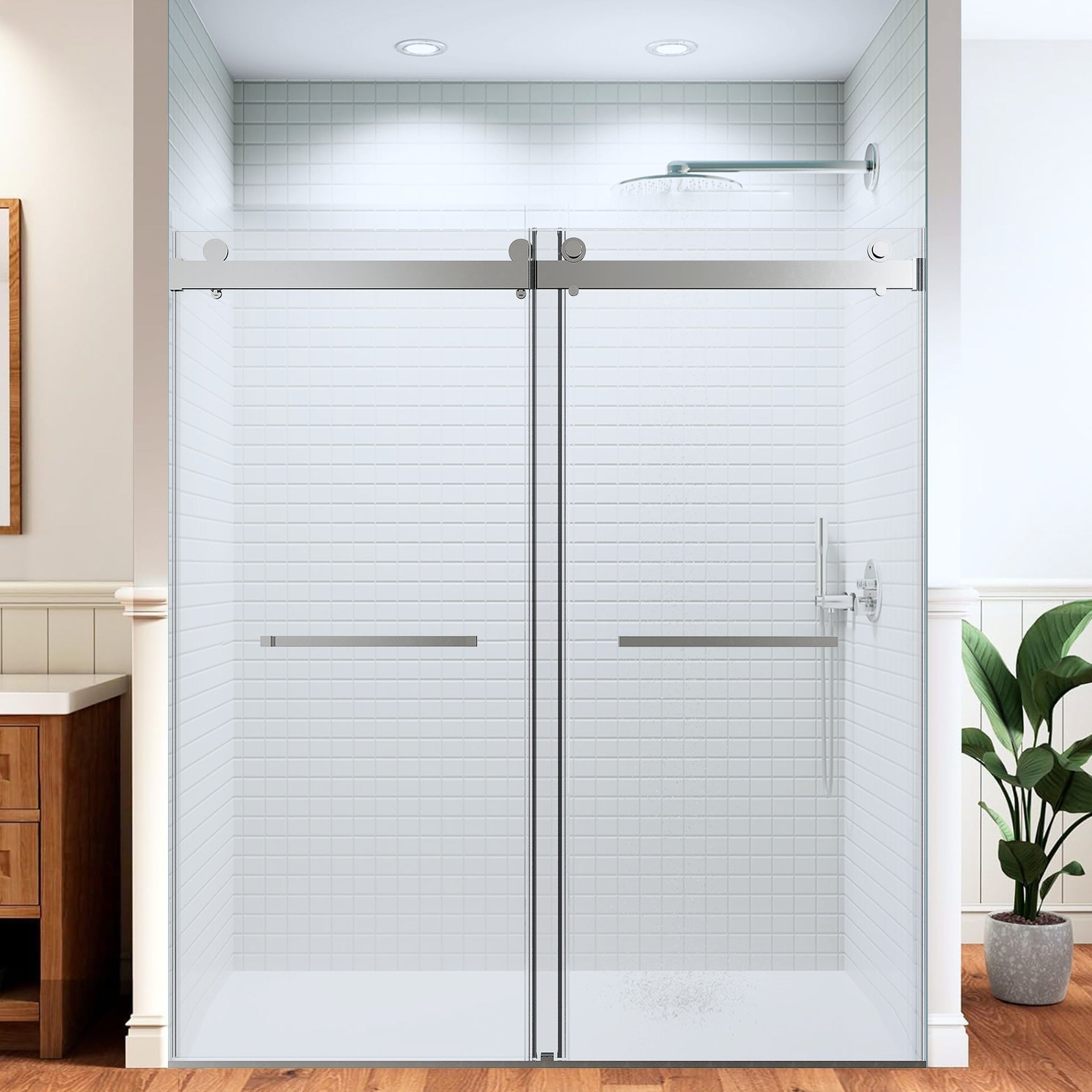 Frameless Double Sliding Shower Door 68"-72" W x 76" H ,  Shower Glass Door with 5/16" (8mm) Clear SGCC Tempered Glass, Explosion-Proof Film, Stainless Steel Hardware--Brushed Nickel