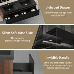 72'' Floating Bathroom Vanity with Sink Wall-Mounted Striped Bathroom Storage Cabinet with Soft-Close Drawer and Double Quartz Sand Basins, Fully Assembled Smoked Walnut GF-24V16-72WAB-W1573P265206