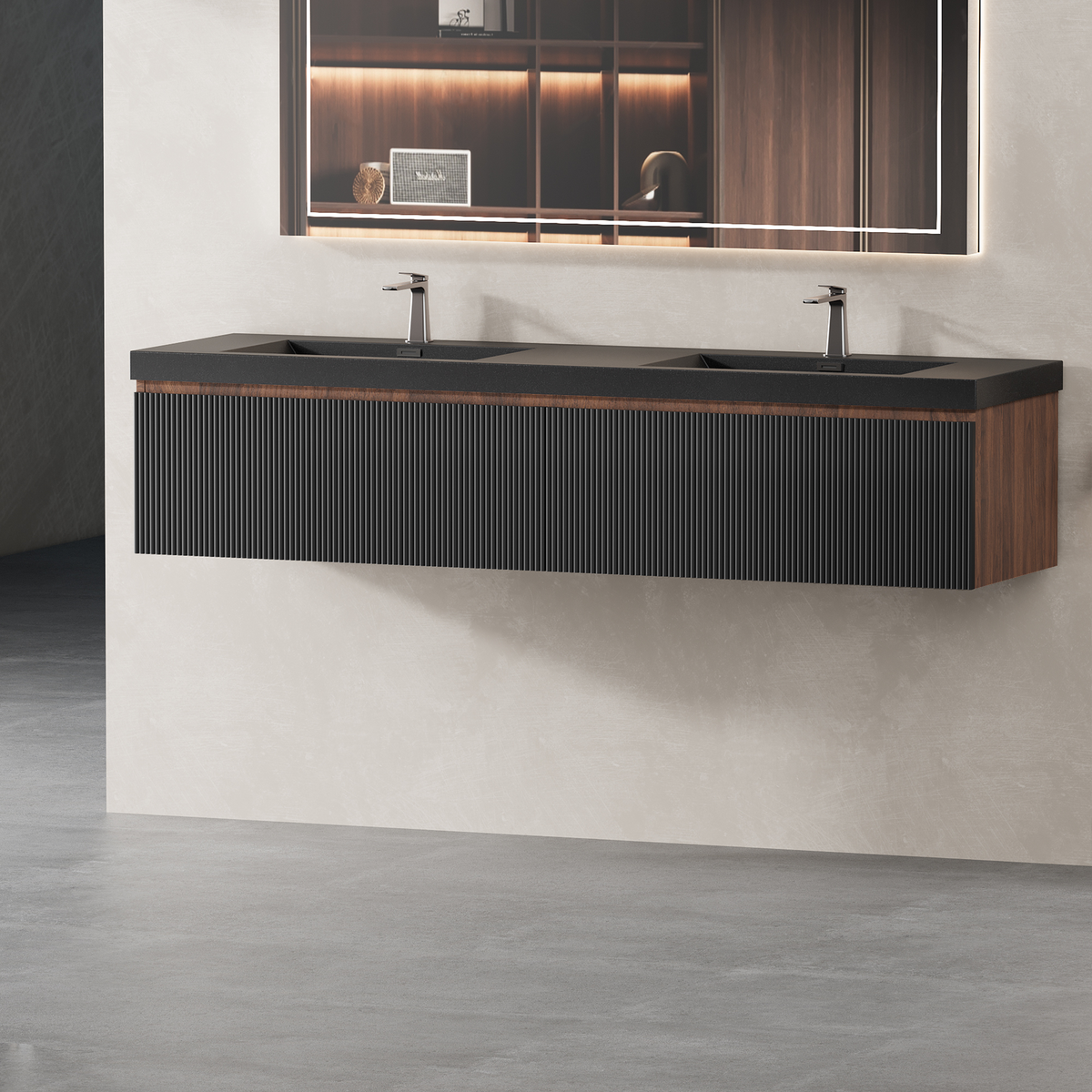 72'' Floating Bathroom Vanity with Sink Wall-Mounted Striped Bathroom Storage Cabinet with Soft-Close Drawer and Double Quartz Sand Basins, Fully Assembled Smoked Walnut GF-24V16-72WAB-W1573P265206