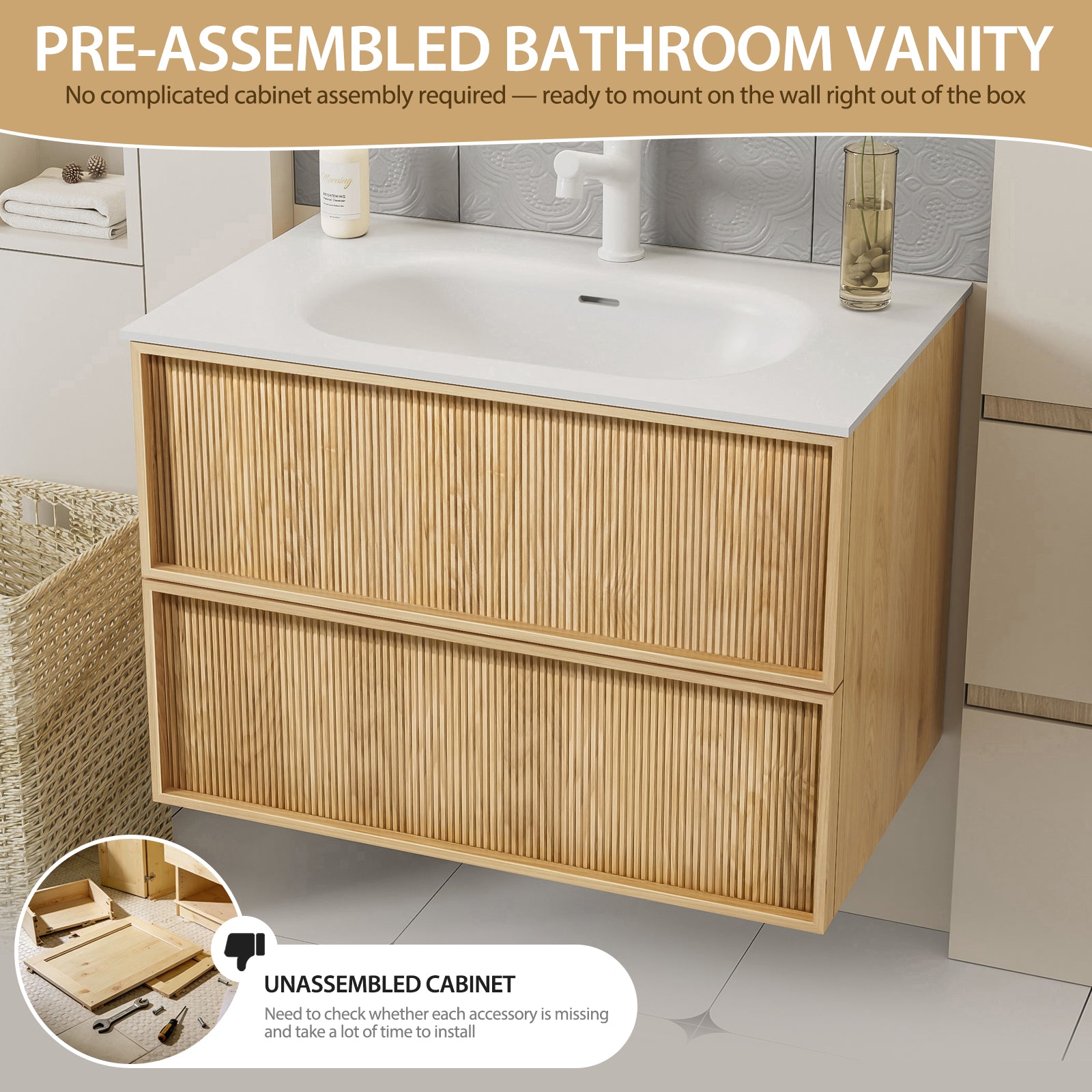 24-Inch Floating Bathroom Vanity with Sink, Pre-assembled, Natural Oak Fluted Front, Multi-Layer Solid Wood, Wall-Mounted, White Stone Top, 2 Soft-Close Drawers
