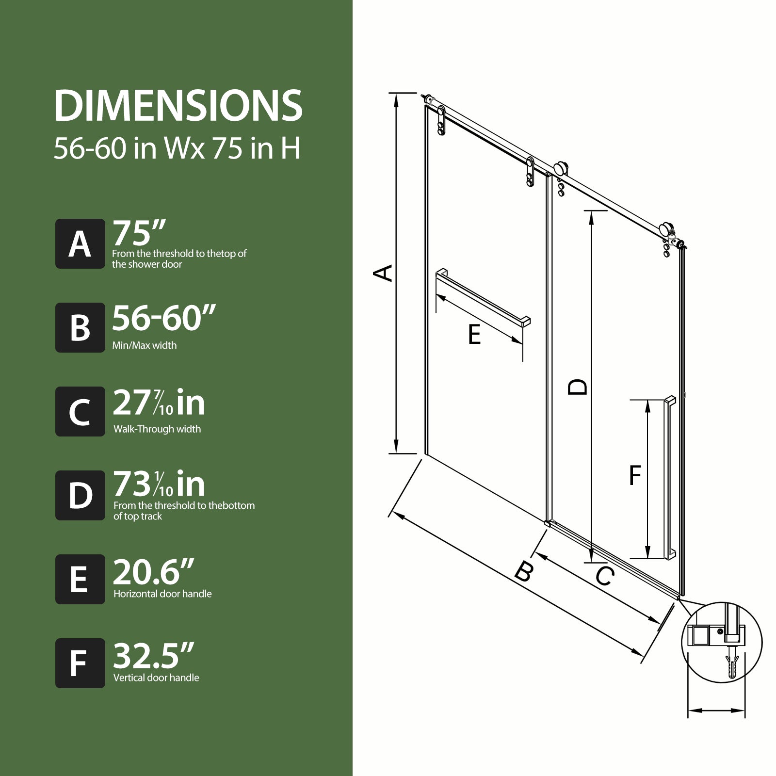 56"-60" W x 75" H Frameless Sliding Shower Door, Chrome Shower Screen, 5/16" (8mm) Clear Tempered Glass With Explosion-proof Film