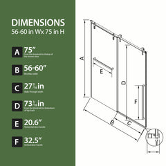 56"-60" W x 75" H Frameless Sliding Shower Door, Chrome Shower Screen, 5/16" (8mm) Clear Tempered Glass With Explosion-proof Film