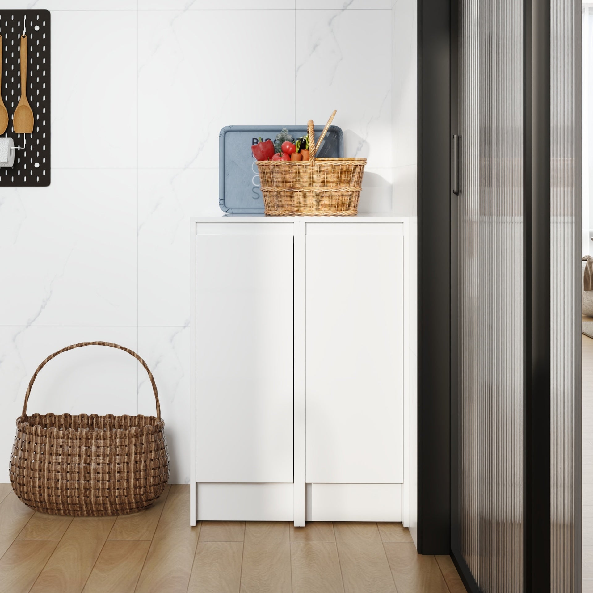 24" Freestanding Bathroom Storage Cabinet, Soft Close Doors, Glossy White, Plywood, KD-Packing, 12" x2 Combination (Suitable For Bathroom, Kitchen, Study Room, Bedroom, Etc)