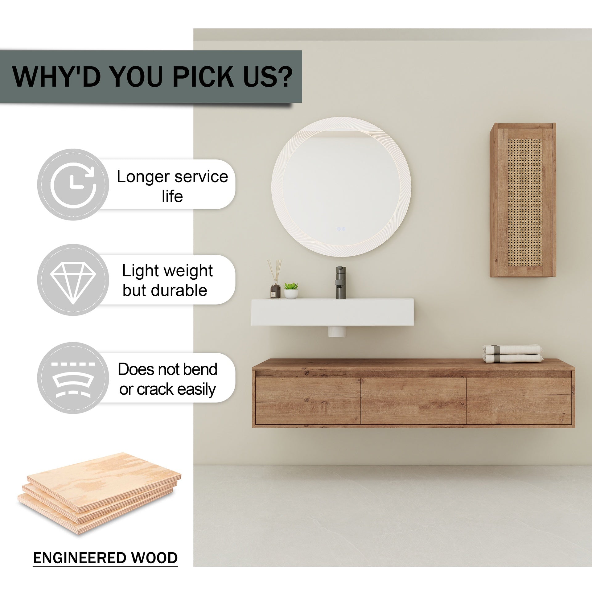 60 inch Wall-Mounted Bathroom Vanity with Resin Sink and Side Cabinet,3-Soft Close Drawer,Float Mounting Design