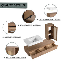 60 inch Wall-Mounted Bathroom Vanity with Resin Sink and Side Cabinet,3-Soft Close Drawer,Float Mounting Design