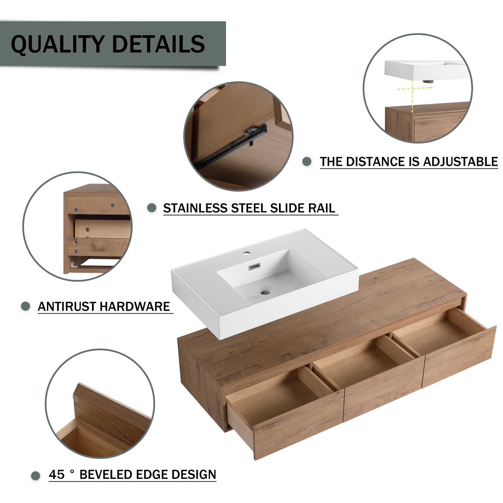 60 inch Wall-Mounted Bathroom  Vanity with Resin Sink,Soft Close Drawer,Float Mounting Design