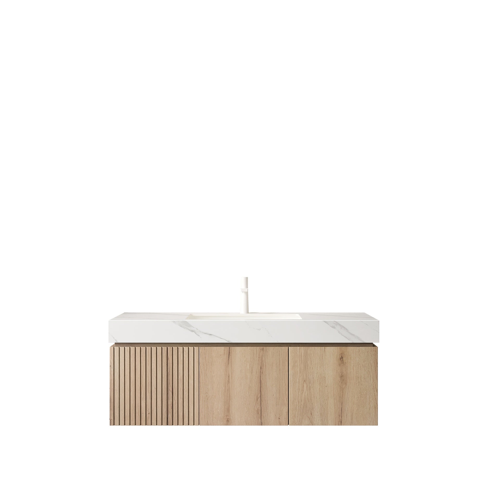MURI 48" Bathroom Vanity&Sink, Floating Plywood Storage Cabinet with Drawer&Doors, Carrara White Sintered Stone Top&Ceramic Basin with 1 Pre-drilled Faucet Hole, Pre-assembled, White Oak Woodgrain
