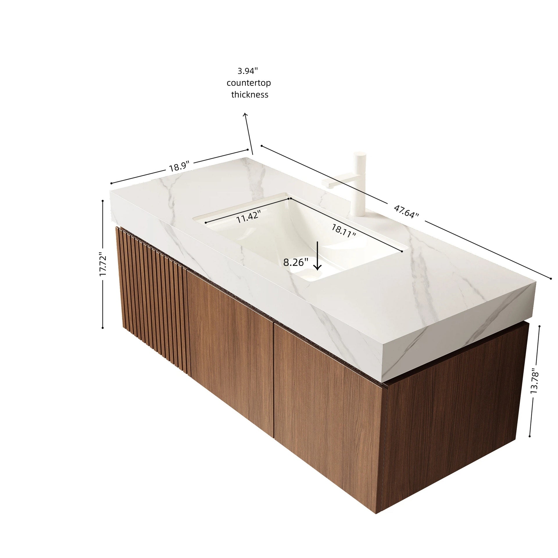 MURI 48" Bathroom Vanity&Sink, Floating Plywood Storage Cabinet with Drawer&Doors, Carrara White Sintered Stone Top&Ceramic Basin with 1 Pre-drilled Faucet Hole, Pre-assembled, Brown Oak Woodgrain