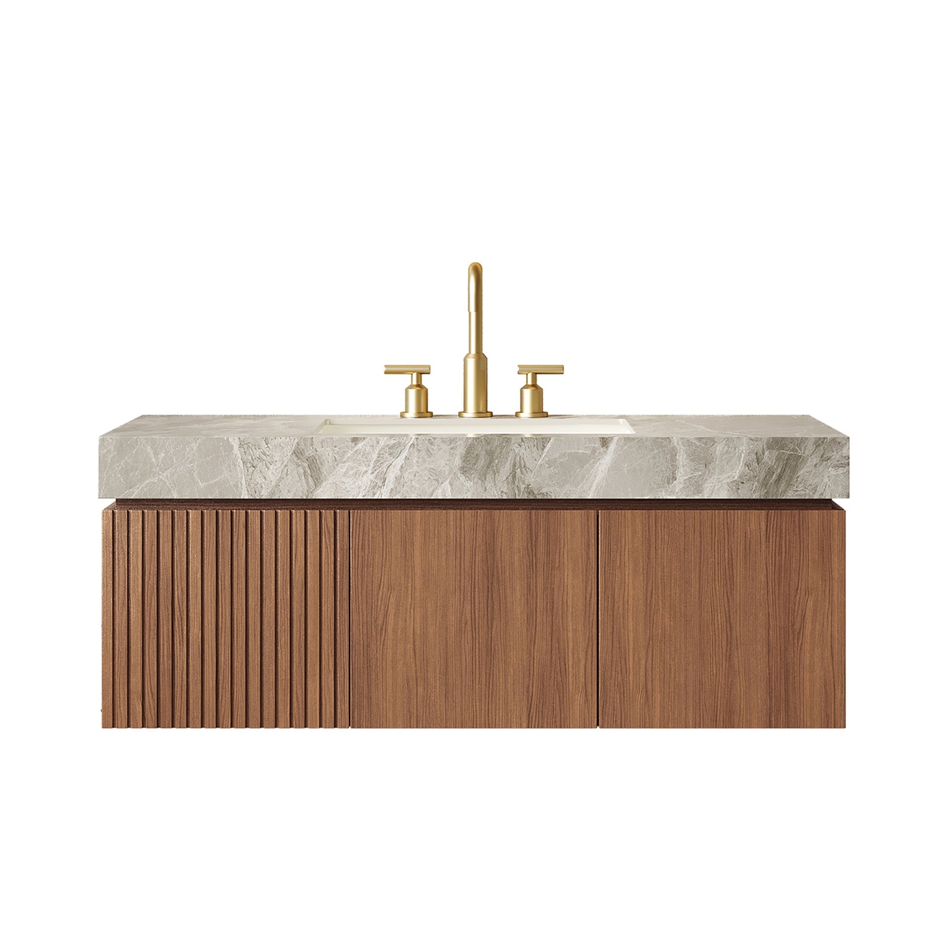 MURI 48" Bathroom Vanity&Sink, Floating Plywood Storage Cabinet with Drawer&Doors, Light Gray Sintered Stone Top&Ceramic Basin with 3 Pre-drilled Faucet Holes, Pre-assembled, Brown Oak Woodgrain Color