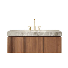 MURI 48" Bathroom Vanity&Sink, Floating Plywood Storage Cabinet with Drawer&Doors, Light Gray Sintered Stone Top&Ceramic Basin with 3 Pre-drilled Faucet Holes, Pre-assembled, Brown Oak Woodgrain Color