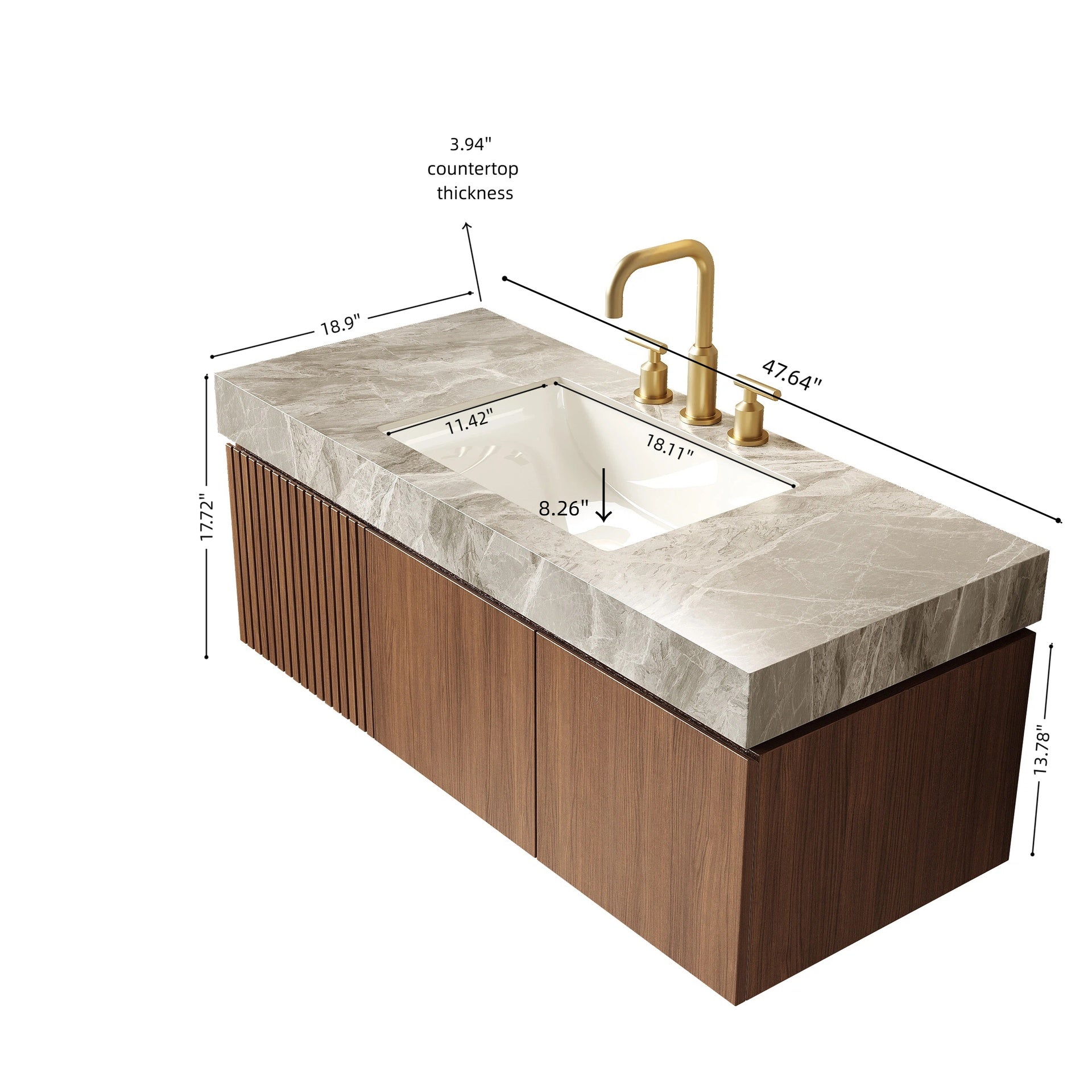MURI 48" Bathroom Vanity&Sink, Floating Plywood Storage Cabinet with Drawer&Doors, Light Gray Sintered Stone Top&Ceramic Basin with 3 Pre-drilled Faucet Holes, Pre-assembled, Brown Oak Woodgrain Color