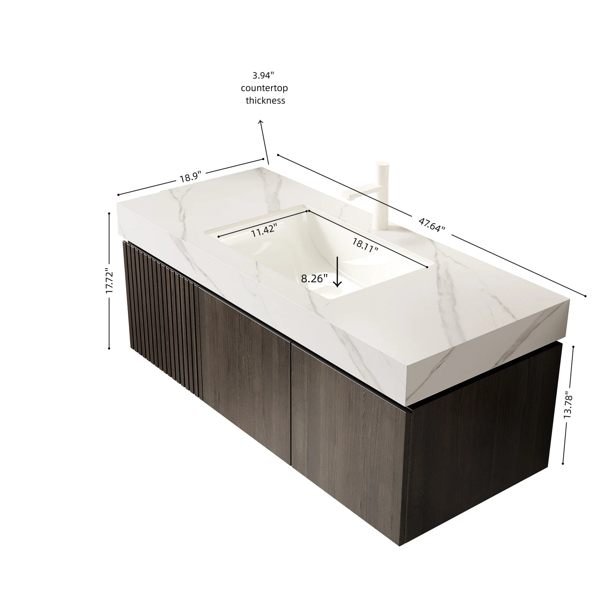 MURI 48" Bathroom Vanity&Sink, Floating Plywood Storage Cabinet with Drawer&Doors, Carrara White Sintered Stone Top&Ceramic Basin with 1 Pre-drilled Faucet Hole, Pre-assembled, Espresso Woodgrain