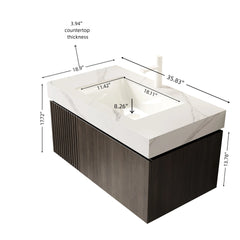 MURI 36" Bathroom Vanity&Sink, Floating Plywood Storage Cabinet with Drawer&Door, Carrara White Sintered Stone Top&Ceramic Basin with 1 Pre-drilled Faucet Hole, Pre-assembled, Espresso Woodgrain