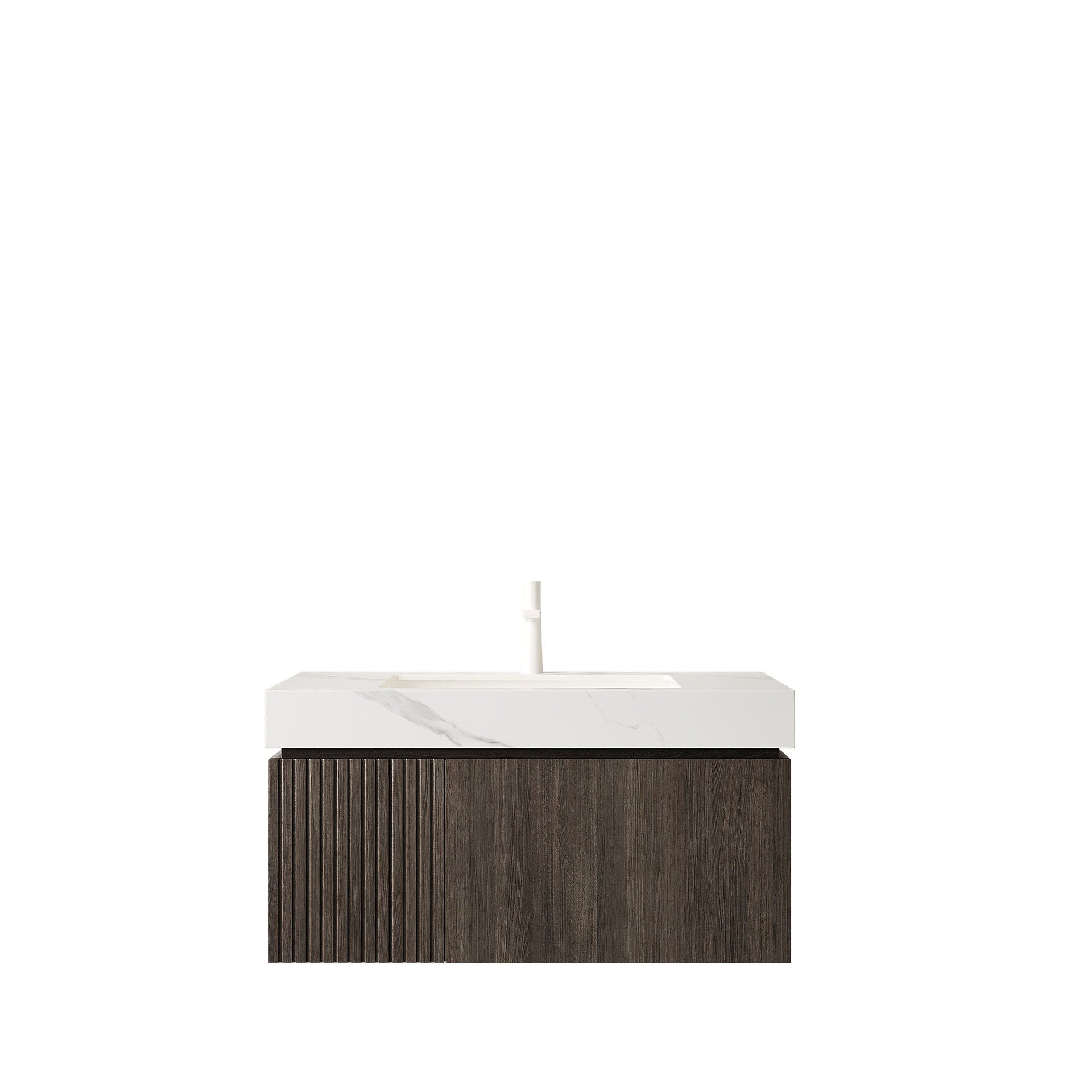 MURI 36" Bathroom Vanity&Sink, Floating Plywood Storage Cabinet with Drawer&Door, Carrara White Sintered Stone Top&Ceramic Basin with 1 Pre-drilled Faucet Hole, Pre-assembled, Espresso Woodgrain