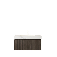 MURI 36" Bathroom Vanity&Sink, Floating Plywood Storage Cabinet with Drawer&Door, Carrara White Sintered Stone Top&Ceramic Basin with 1 Pre-drilled Faucet Hole, Pre-assembled, Espresso Woodgrain