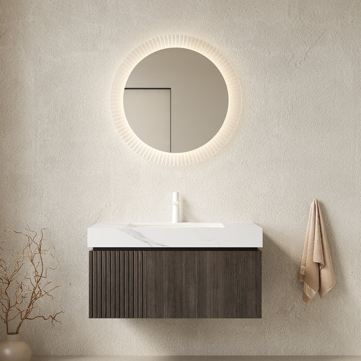 MURI 36" Bathroom Vanity&Sink, Floating Plywood Storage Cabinet with Drawer&Door, Carrara White Sintered Stone Top&Ceramic Basin with 1 Pre-drilled Faucet Hole, Pre-assembled, Espresso Woodgrain
