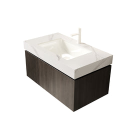 MURI 36" Bathroom Vanity&Sink, Floating Plywood Storage Cabinet with Drawer&Door, Carrara White Sintered Stone Top&Ceramic Basin with 1 Pre-drilled Faucet Hole, Pre-assembled, Espresso Woodgrain