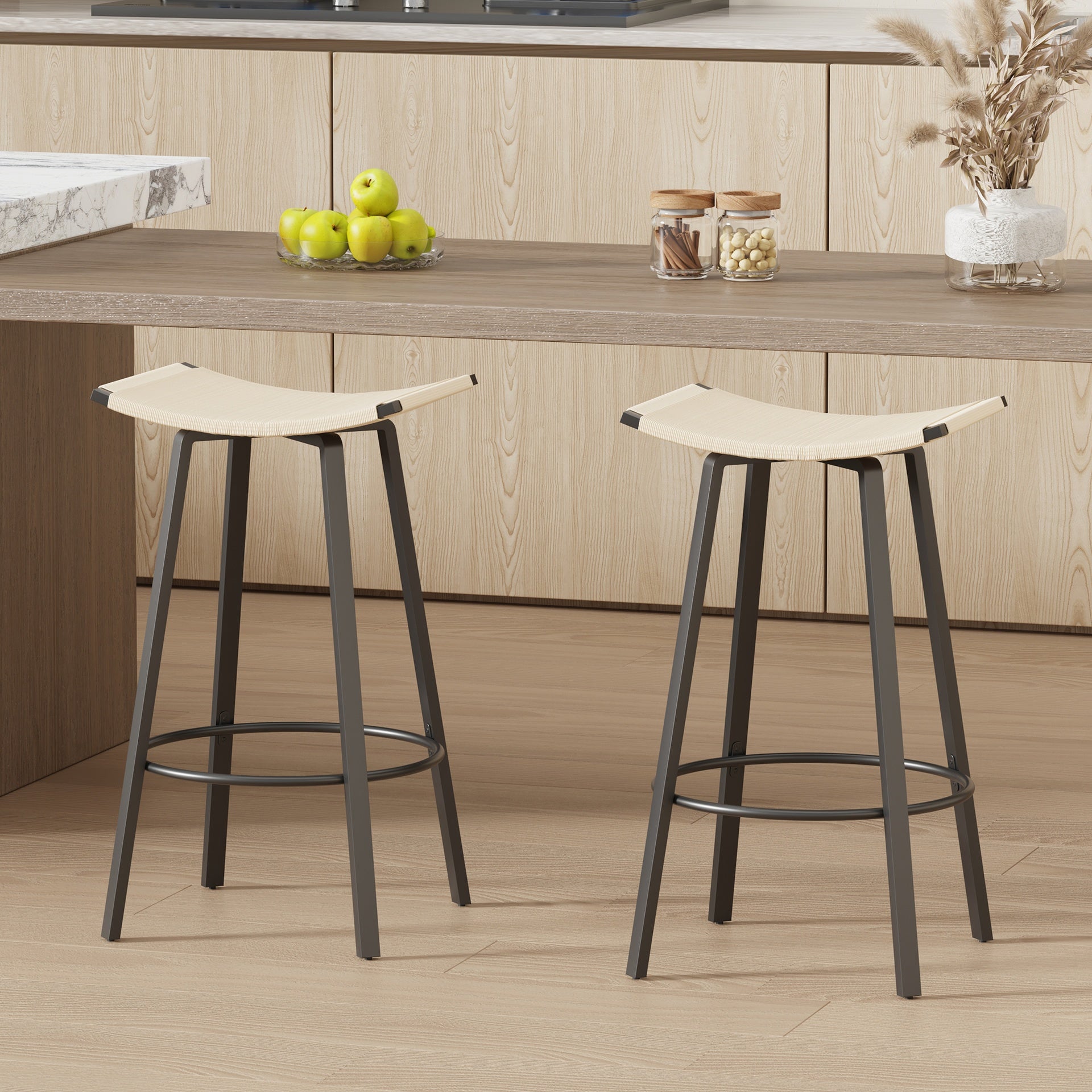 Counter Height Bar Stools Backless Handwoven Kitchen Dining Chairs with Round Footrest Set of 2 PVC Weaving Pub Stool for Indoor & Outdoor (Black & Creamy White)