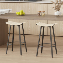 Counter Height Bar Stools Backless Handwoven Kitchen Dining Chairs with Round Footrest Set of 2 PVC Weaving Pub Stool for Indoor & Outdoor (Black & Creamy White)