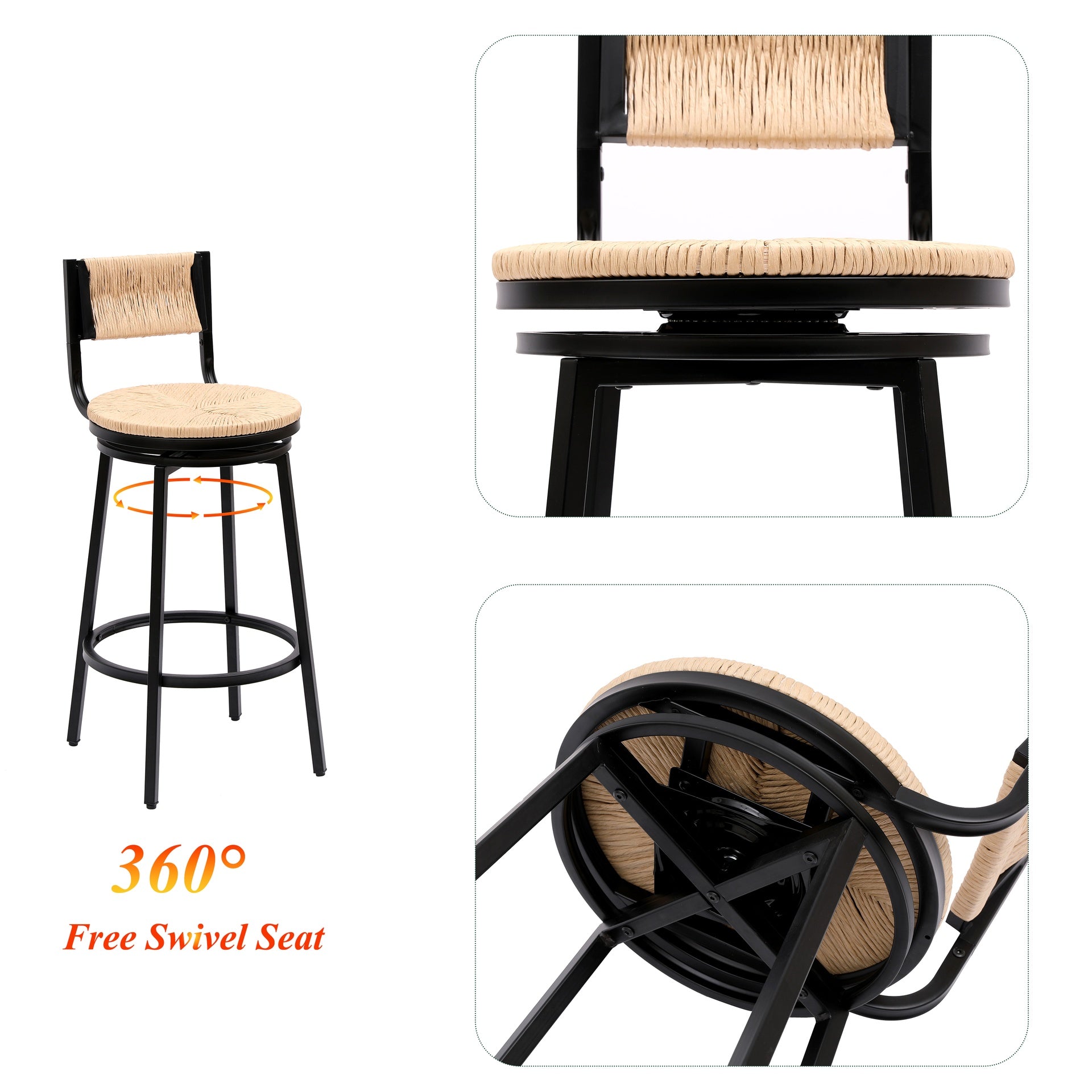 Honey Swivel Bar Stools Paper Rope Handwoven Barstools with Back Set of 2 Rustic Round Counter Chairs for Dining Room, Kitchen Island (Honey)