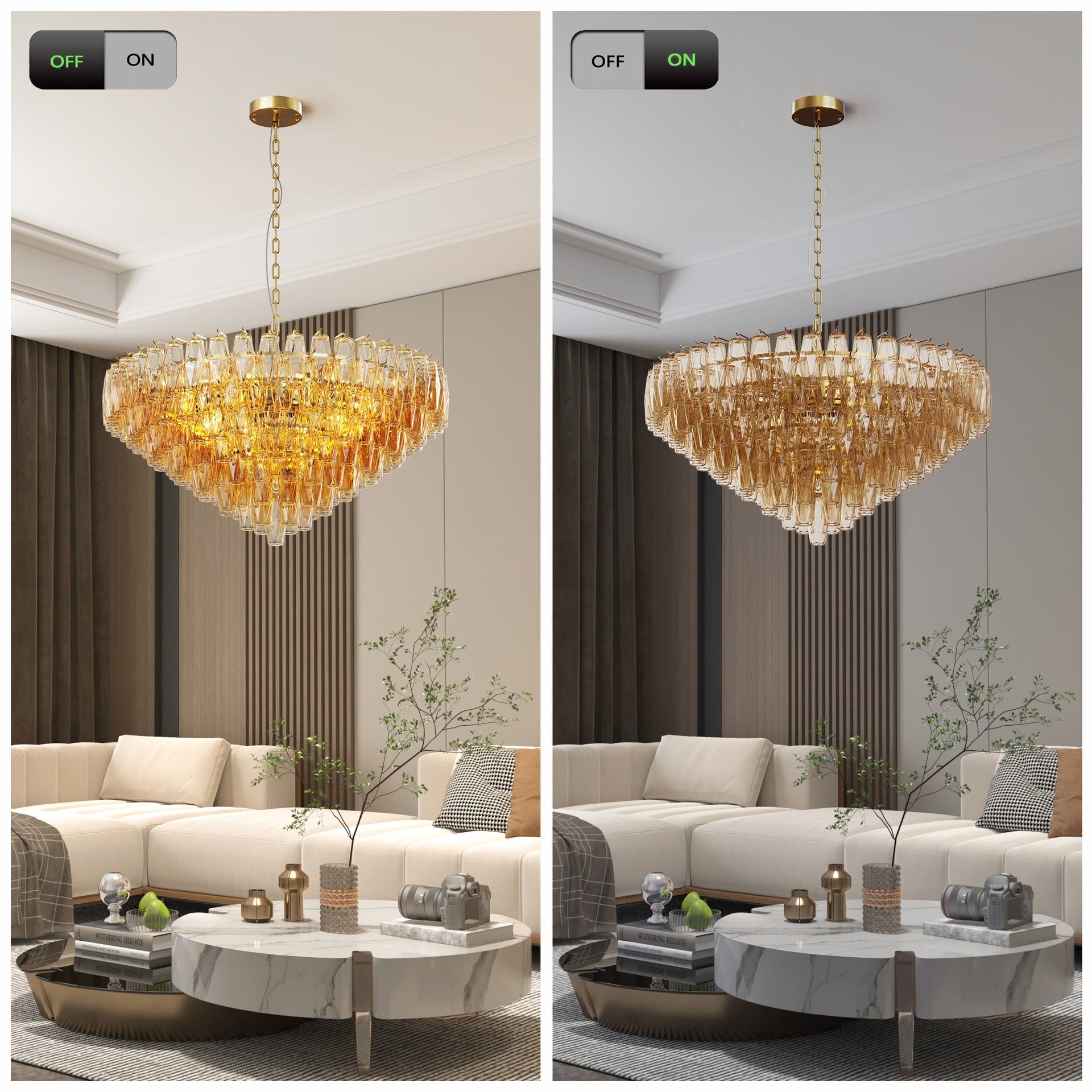 37" Extra Large Chandelier, 14-Light Gold Modern Round Chandelier for Living Room, Tiered Smoke Blown Glass Brass Chandeliers, Hanging Light Fixture for Bedroom, Dining Room, Foyer, Entryway